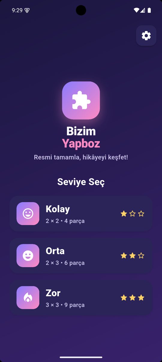 Bizim Yapboz — ana ekran ve seviye seçimi: Kolay 2×2, Orta 2×3, Zor 3×3