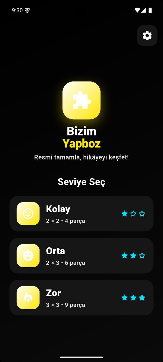Bizim Yapboz — yüksek kontrast temada ana ekran