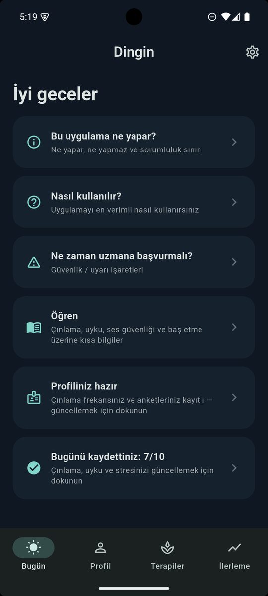 Dingin — Bugün sekmesi: uygulama ne yapar, nasıl kullanılır, ne zaman uzmana başvurmalı, Öğren ve günlük kayıt kartları