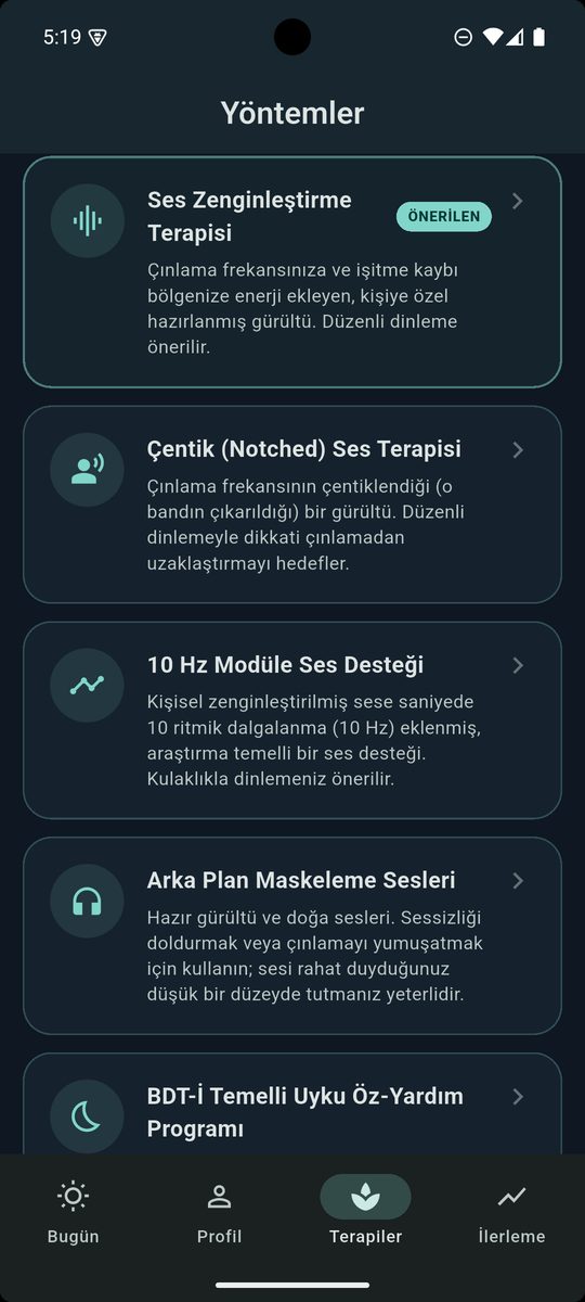 Dingin — Yöntemler listesi: ses zenginleştirme, çentik ses terapisi, 10 Hz modüle ses ve arka plan maskeleme sesleri