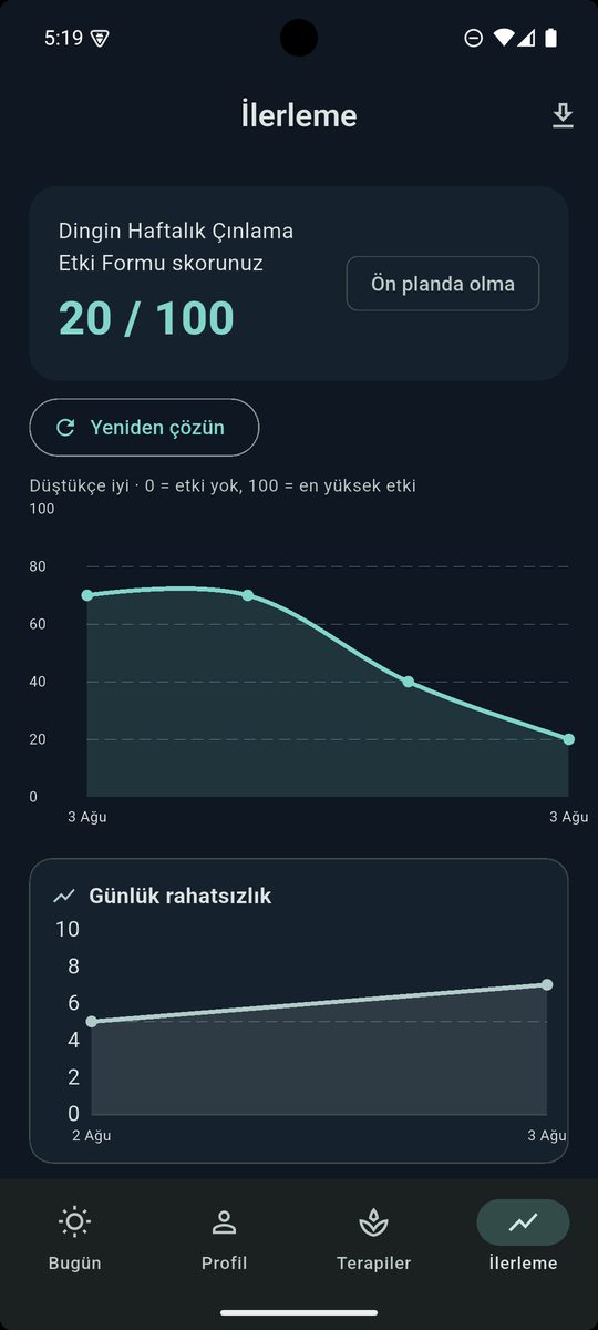 Dingin — İlerleme: Haftalık Çınlama Etki Formu skoru ve günlük rahatsızlık grafikleri