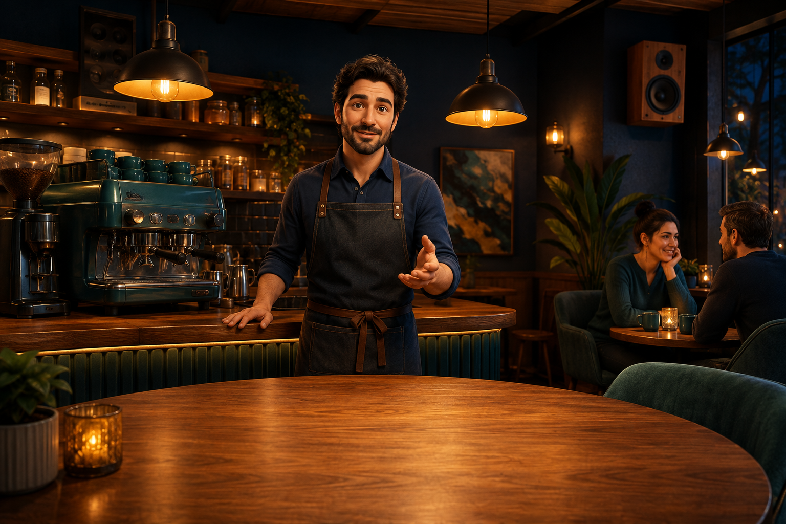 Kafede karşıda konuşan bir barista, solda kahve makinesi ve sağda sohbet eden misafirler.